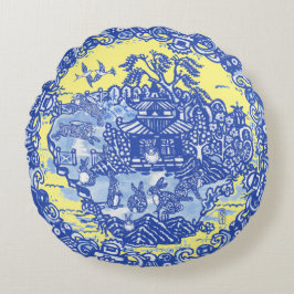Blaue Willow Isle of Rabbits Yellow Whimsical Rundes Kissen