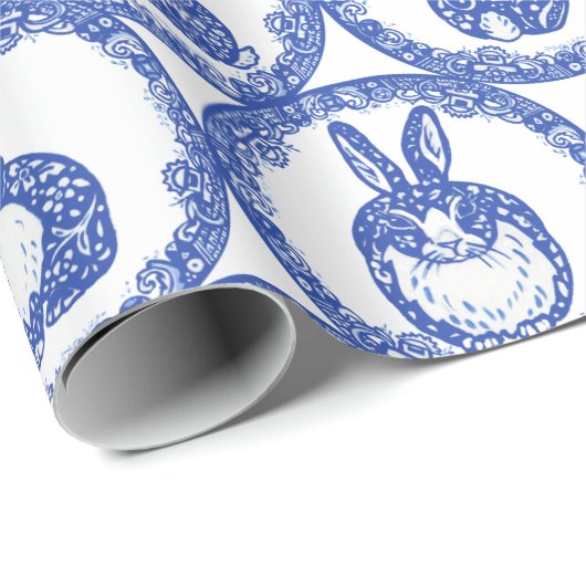 Blaue Willow Rabbit Whimsical Isle of Rabbits Wrap Geschenkpapier (Rolleneckpunkt)