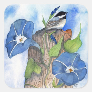 Blaue Winden und Chickadee Quadratischer Aufkleber