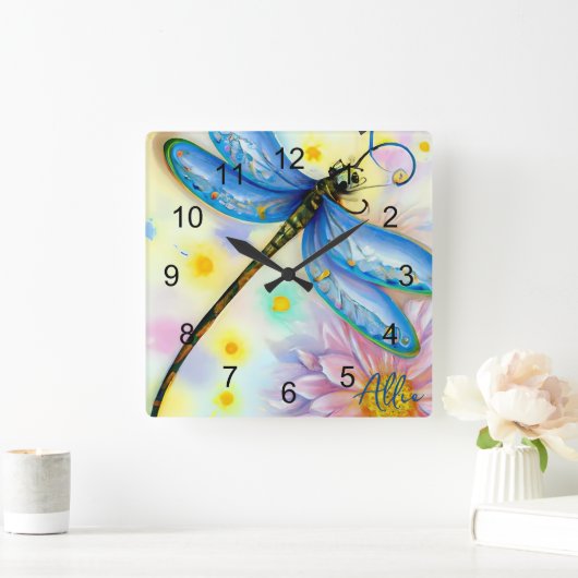 Blaue Wingdrachenfliege, personalisieren Quadratische Wanduhr (Zuhause)