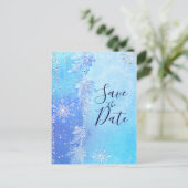 Blaue Winter-Blätter & Schneeflocken Save the Date Ankündigungspostkarte (Stehend Vorderseite)