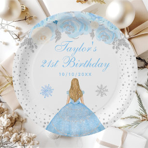 Blaue Winter Blondhaar Prinzessin Geburtstagsfeier Pappteller