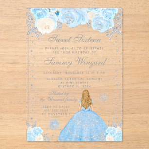 Blaue Winter Blondhaar Prinzessin Sweet Sixteen Acryleinladungen