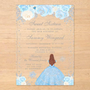 Blaue Winter Braune Haar Prinzessin Sweet Sixteen Acryleinladungen