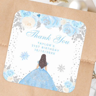 Blaue Winter-Braunhaar-Prinzessin Geburtstagsfeier Quadratischer Aufkleber
