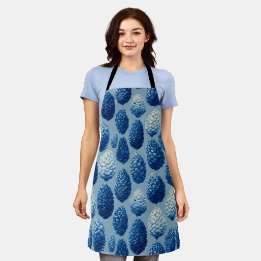 Blaue Winter Pine Cone Muster Schürze (Getragen)