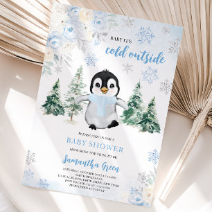Blaue Winter-Pinguin-Baby-Party Einladung
