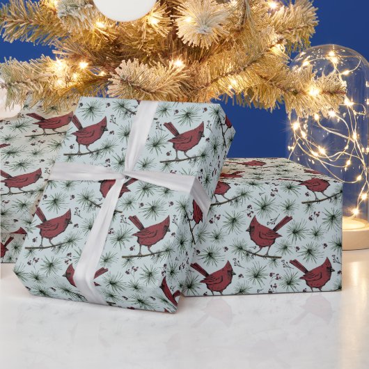 Blaue Winter Rote Kardinäle Muster Geschenkpapier (Feiertage)