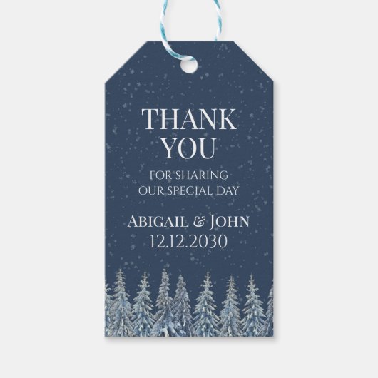 Blaue Winter-Schnee-Wald-Hochzeit Danke Geschenkanhänger (Vorderseite)