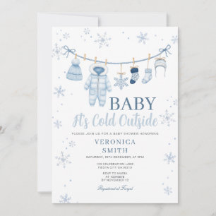 Blaue Winter-Schneeflocken-Wäscheleine-Baby-Party Einladung