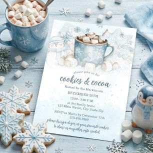 Blaue Winter-Wasserfarben-Kekse und Kakaoparty Einladung