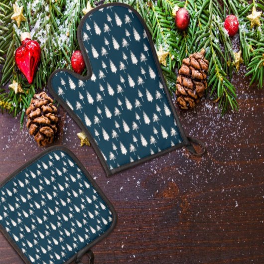 Blaue Winterbäume Ofenhandschuh & Topflappen-Set