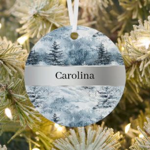 Blaue Winterbäume Schnee Silberband Weihnachten Ornament Aus Metall