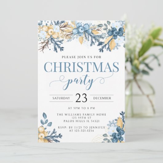 Blaue Winterbeeren Weihnachten Party Einladung (Stehend Vorderseite)