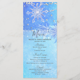 Blaue Winterblätter & Schneeflocken Hochzeitsmenü Menükarte