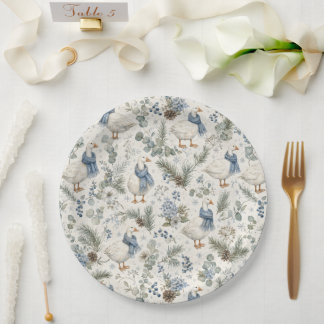 Blaue Wintergans-Aquarell-Weihnachtsfeier Pappteller