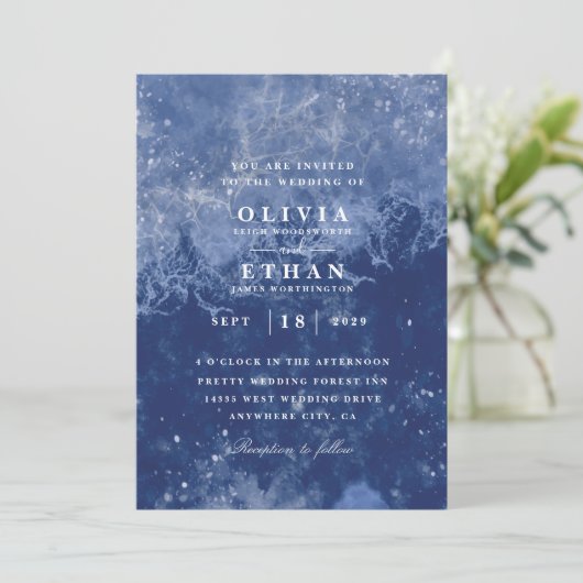 Blaue Winterhochzeit Einladung (Stehend Vorderseite)