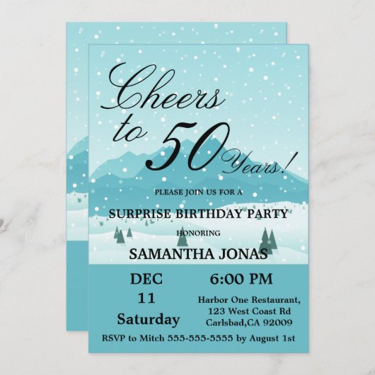 Blaue Winterlandschaft Blaue Überraschung 50. Gebu Einladung (Vorne/Hinten)