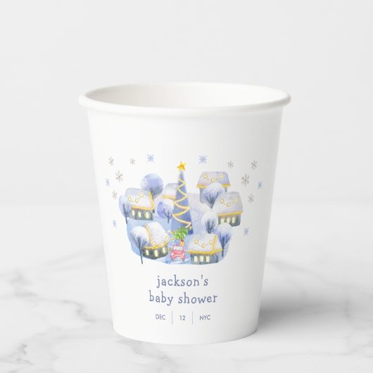 Blaue Winternacht-Schneebaby-Party Pappbecher (Vorderseite)