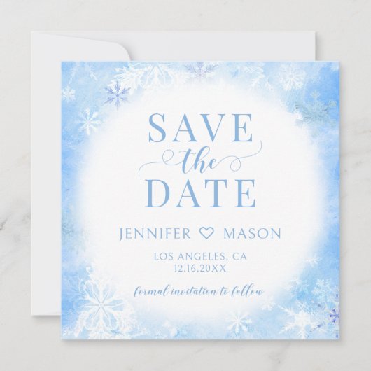 Blaue Winterschneeflocken Save the Date Einladung (Vorderseite)