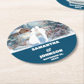 Blaue Winterwaldlandschaft Hochzeit Runder Pappuntersetzer (Angewinkelt)