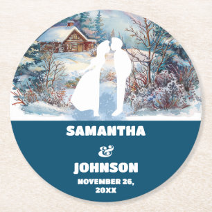 Blaue Winterwaldlandschaft Hochzeit Runder Pappuntersetzer