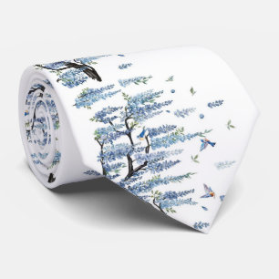 Blaue Wisteria & Songbird Aquarell Weiße Herren Krawatte
