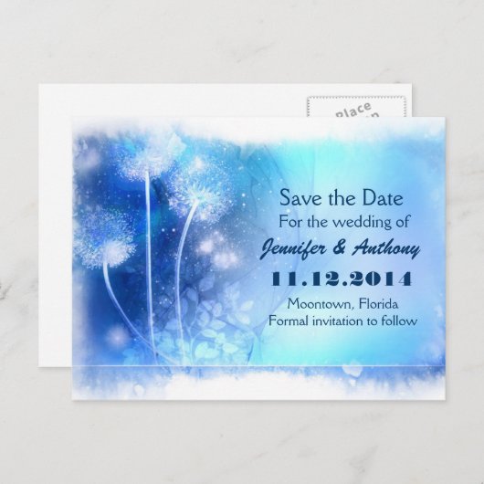 blaue Zauberleuchter Save the Date Postkarten (Vorne/Hinten)