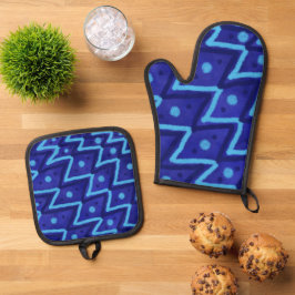 Blaue Zick-Zack-Punkte Funky-Muster Ofenhandschuh & Topflappen-Set