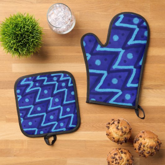 Blaue Zick-Zack-Punkte Funky-Muster Ofenhandschuh & Topflappen-Set (Oben Unten)