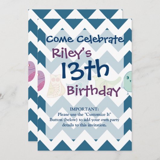 Blaue Zickzack Streifen Whimsical Niedlich Birds O Einladung (Vorne/Hinten)