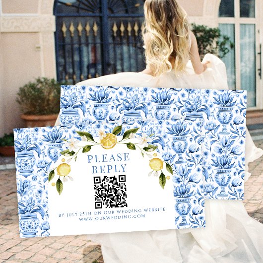 Blaue Zitrone Mittelmeerhochzeit rsvp QR Begleitkarte