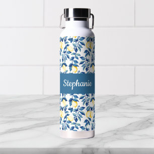 Blaue Zitronen-Aquarell-Monogramm-Name Trinkflasche