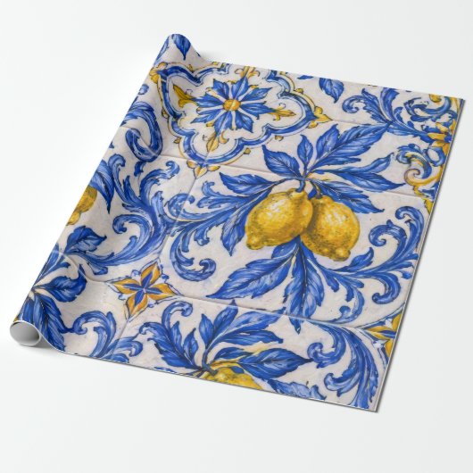 Blaue Zitronen-Azulejo-Fliese Geschenkpapier (Ungerollt)