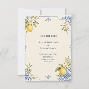 Blaue Zitronen-Botanische-Hochzeits-Einladung zum Save The Date