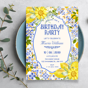 Blaue Zitronen-Fliesenmuster-Kunst-Geburtstag Einladung