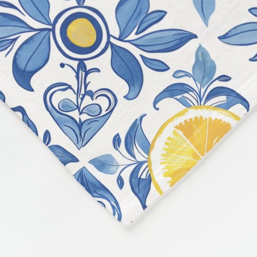 Blaue Zitrusfrüchte Lemon Mittelmeer Muster Fleecedecke (Ecke)