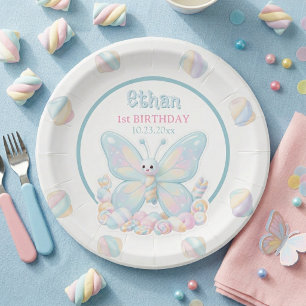 Blaue Zuckerwatte Schmetterling Geburtstag Pappteller