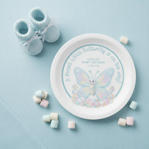 Blaue Zuckerwatte Schmetterling Junge Baby Shower Pappteller