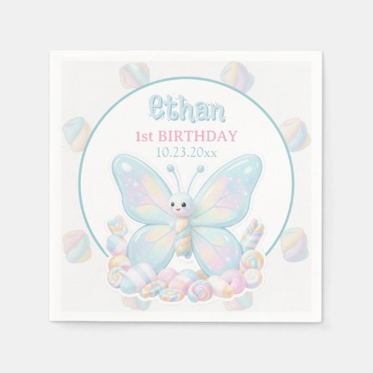 Blaue Zuckerwatte-Schmetterlings-Geburtstagsfeier Serviette (Vorderseite)