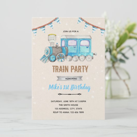 Blaue Zugdusche Einladung (Stehend Vorderseite)