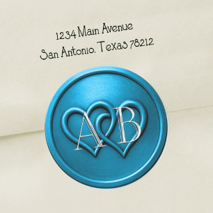 Blaue Zwei-Herzen-Silber-Monogramm-Hochzeit Runder Aufkleber