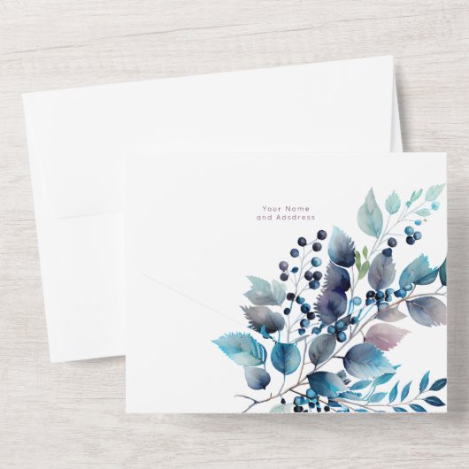 Blaue Zweige und Berries Hochzeit All In One Einladung (Rückseite)