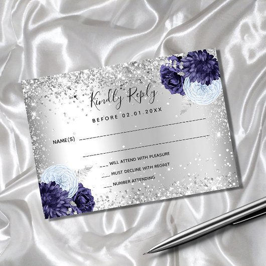 Blauen Blütenblättern Glitzer Hochzeit RSVP Mitteilungskarte