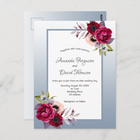 Blauen Bordeaux-Blumen Einladung Hochzeit Postkarte (Vorne/Hinten)