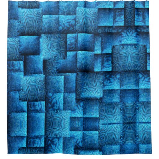 Blauen Quadrate mit abstrakten Stammeszeichnungen Duschvorhang (Vorderseite)