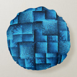 Blauen Quadrate mit abstrakten Stammeszeichnungen Rundes Kissen