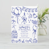 Blauer 1. Geburtstag Einladung, Handzeichnung Gebu Einladung (Stehend Vorderseite)