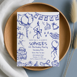 Blauer 1. Geburtstag Einladung, Handzeichnung Gebu Einladung