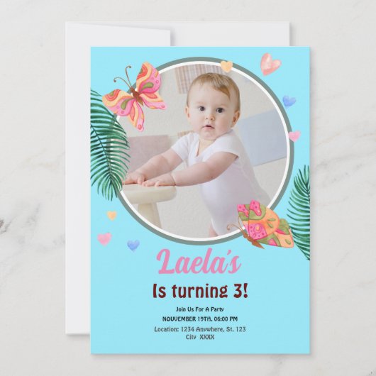 Blauer 1. Geburtstag Schmetterling Einladung mit F (Vorderseite)